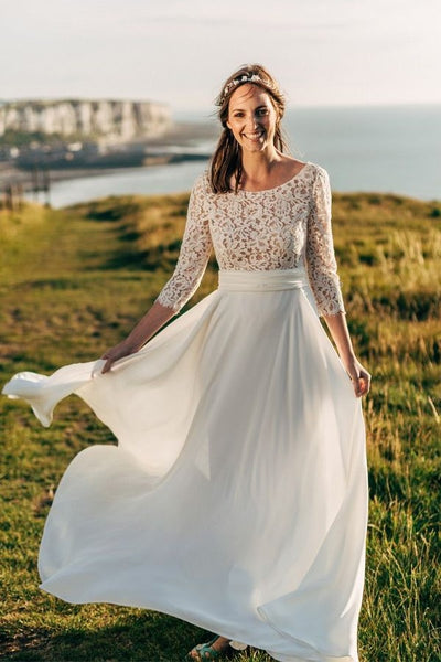 scoop-neck-lace-boho-wedding-gown-chiffon-skirt