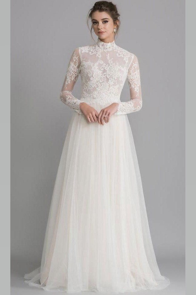 See-through High Neck Wedding Gown Lace Long Sleeves Tulle Skirt