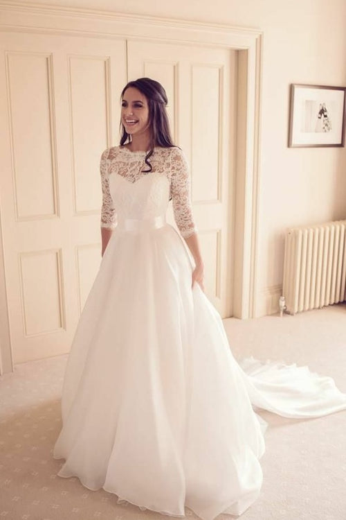 see-through-neckline-lace-ivory-wedding-dresses-34-sleeves