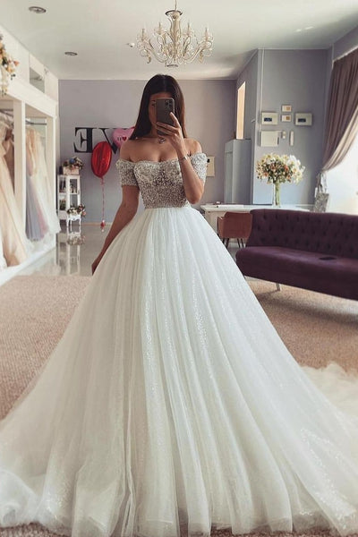 Elegant Two-Piece A-Line Tulle Wedding Dress with Off-Shoulder Long Sleeved  Top