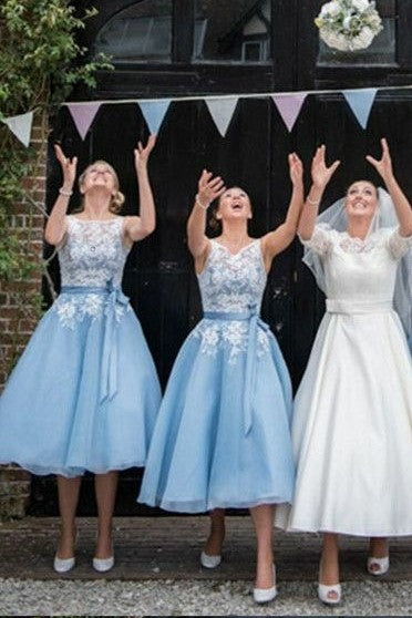 sheer-lace-bodice-blue-bridesmaid-gown-tea-length
