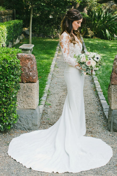 Sheer Lace Long-Sleeve Wedding Dress with Simple Skirt