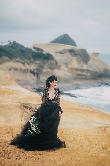 Sheer Lace Long Sleeves Black Wedding Dress with Plunging V neck