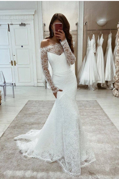 Long Sleeve Off The Shoulder Sheath Wedding Dress With Lace Bodice And  Train