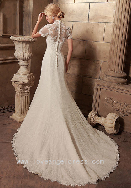 Sheer Short Sleeves Lace Vintage Wedding Gowns Dress with High