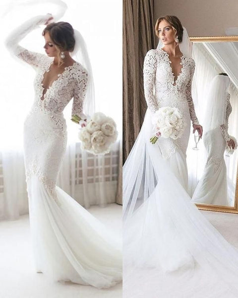 Sheer V-neck Lace Long-sleeve Wedding Gown 2021