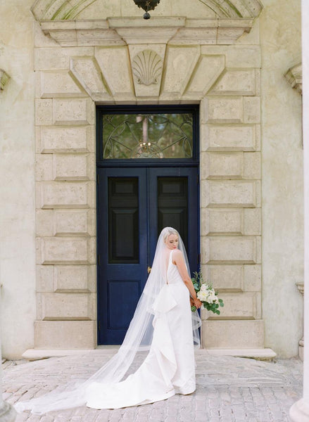 Sheer V-neckline Satin Sheath Wedding Gown with Ruffles Back