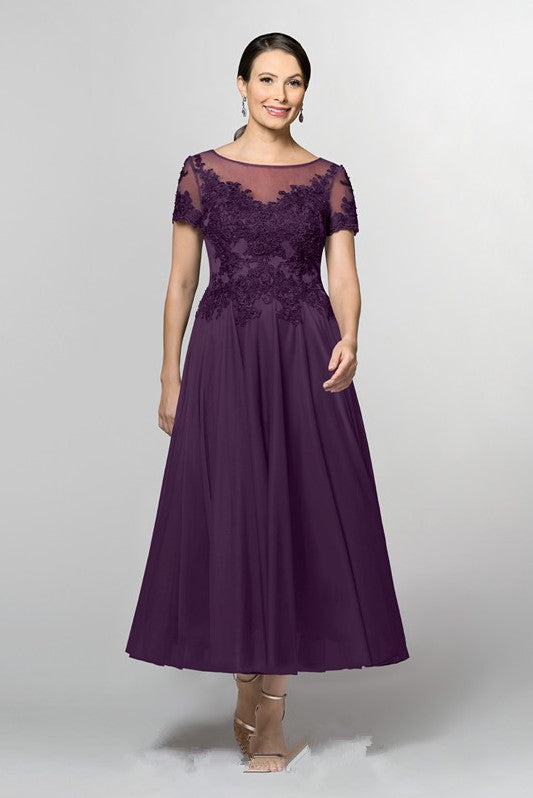 Short-sleeves Grape Chiffon Mother of the Groom Dress with Beaded Lace