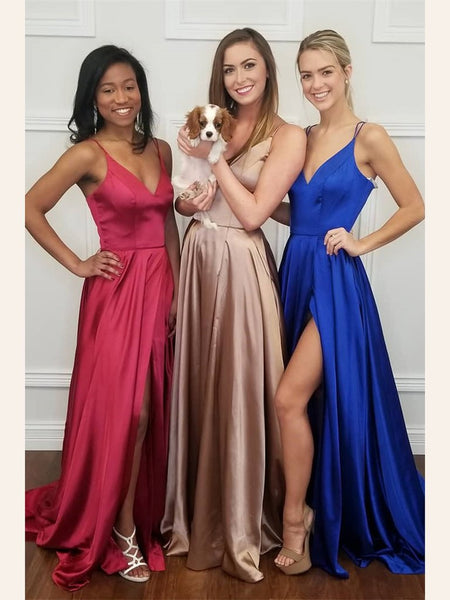 Side Slit Maxi Long Prom Dresses with Spaghetti Straps