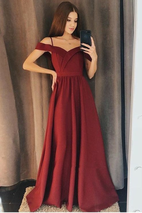Simple Burgundy Evening Gown with Off-the-shoulder
