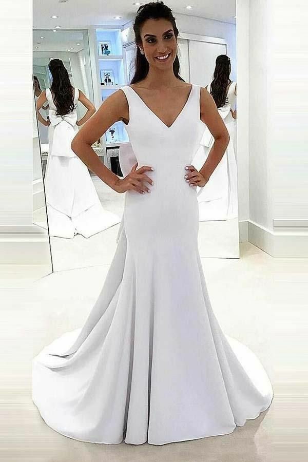 Simple White Satin Trumpet Wedding Dresses with Bow Ribbon
