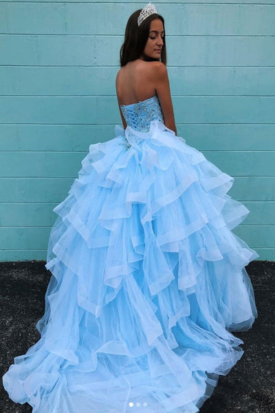 Sky-blue Layers Quinceanera Dresses with Crystals Sweetheart