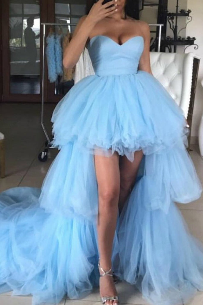 Sky-blue Sweetheart High-Low Prom Dresses with Rich Tulle Long Train