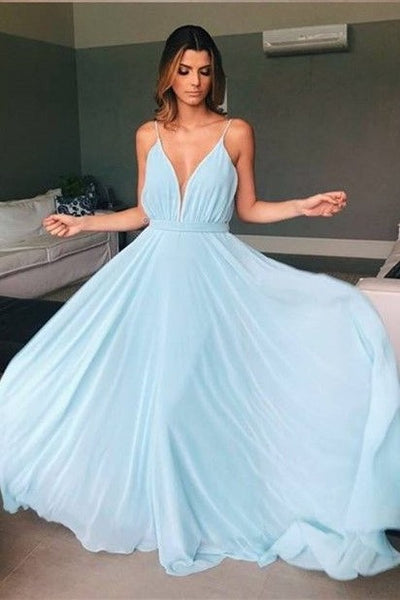 Skyblue Chiffon Prom Long Party Dresses V-neckline