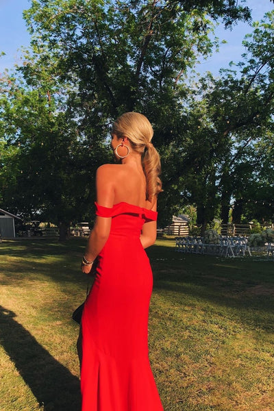 Long red prom dress with slit shop