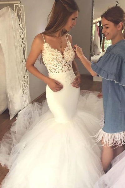 spaghetti-straps-lace-mermaid-wedding-gown-tulle-skirt