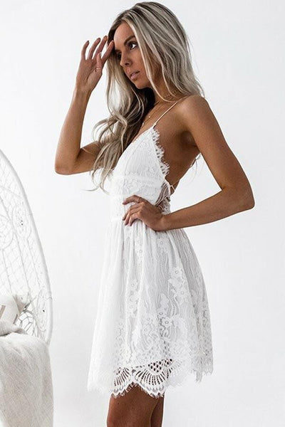 Spaghetti Straps Lace Mini Bride Dress for Summer Weddings