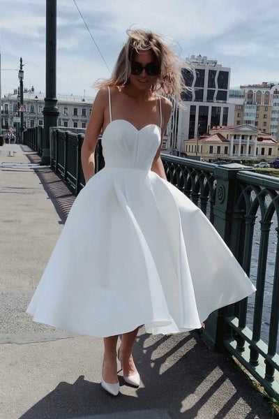 Tea length wedding dress with pockets cheap