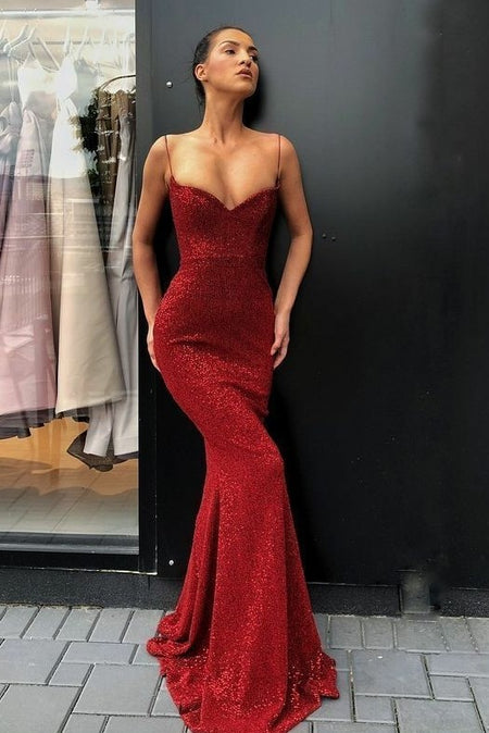 Thin Straps Simple Prom Gowns with Leg Slit Side