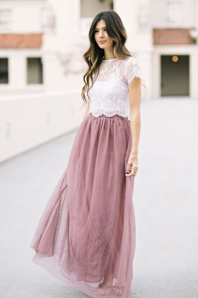 Spaghetti Straps Tulle Long Bridesmaid Dress with Lace Top loveangeldress