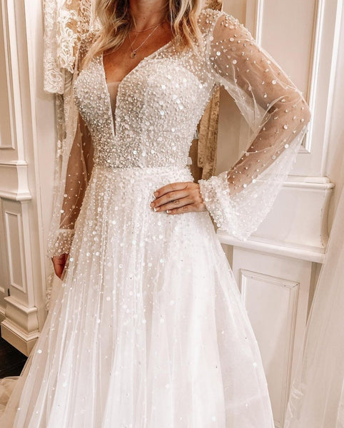 Long sleeve sales glitter wedding dress