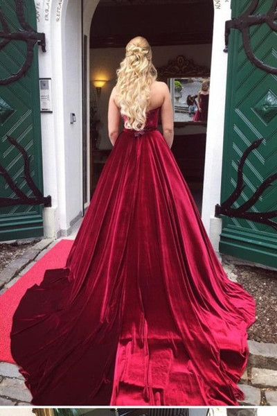 strapless-burgundy-velvet-evening-ball-gown-chapel-train