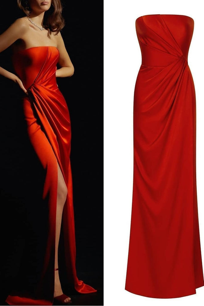Strapless Long Red Prom Dress with Ruched Bodice