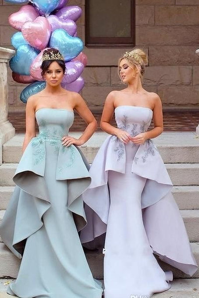 Strapless Mermaid Prom Gown Dress with Appliqued Satin Over-skirt