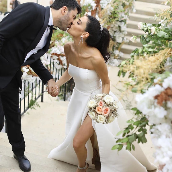 Strapless Satin A line Wedding Dress with Tulle Shawl loveangeldress