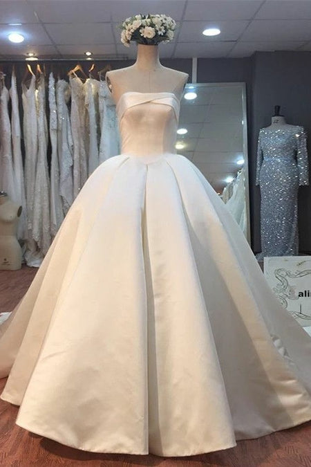 Modern Satin Ball Gown Wedding Dress with Illusion Beaded Back