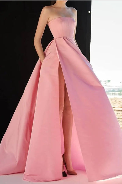 strapless-satin-pink-prom-gowns-with-pockets