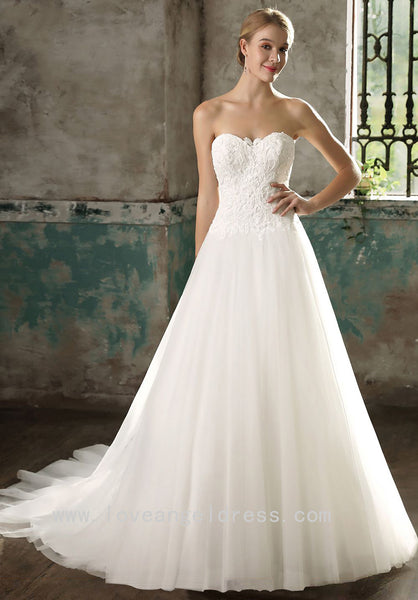 Strapless Sweetheart Lace A-line Bridal Dresses with Tulle Skirt