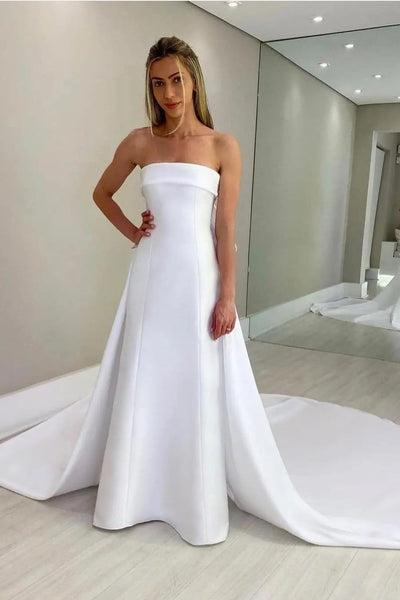 Strapless White Satin Wedding Gown with Bow Train – loveangeldress