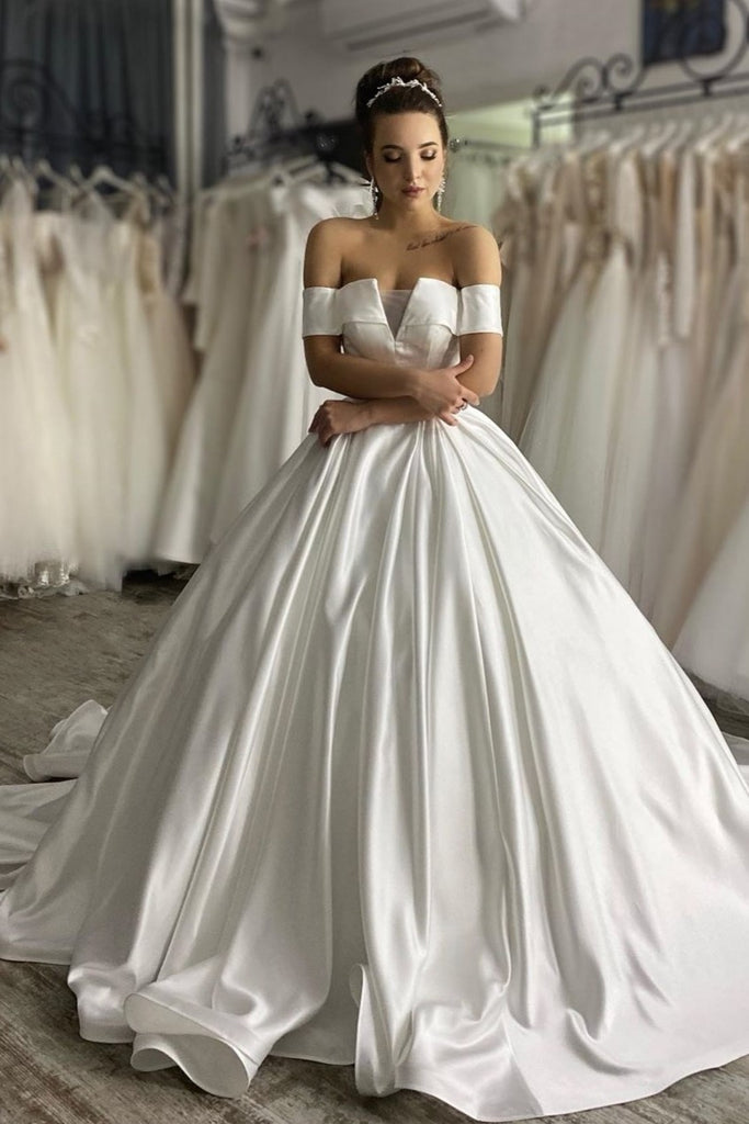 Stylish Off-the-shoulder Sleeves Wedding Gown with Satin Long Train