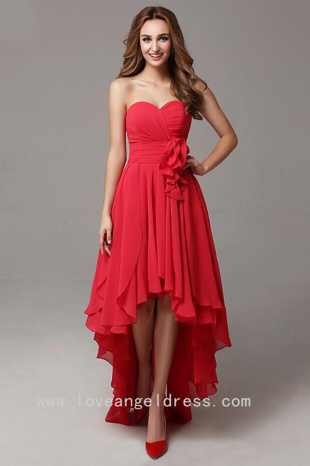 Sweetheart Chiffon High Low Prom Dresses with Flower Sash