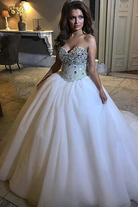 Strapless Satin Corset Backless Wedding Dresses with Cathedral Train