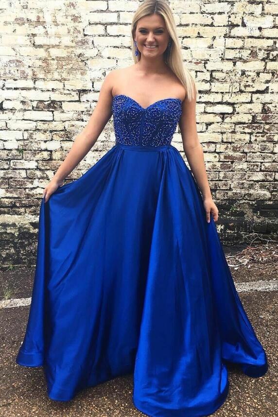 Sweetheart Royal Blue Satin Prom Gowns with Beaded Bodice vestido de fiesta
