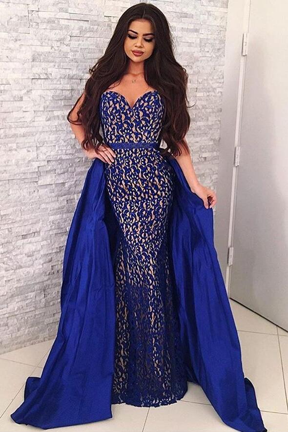 Sweetheart Sapphire Blue Lace Prom Dresses with Satin Skirt