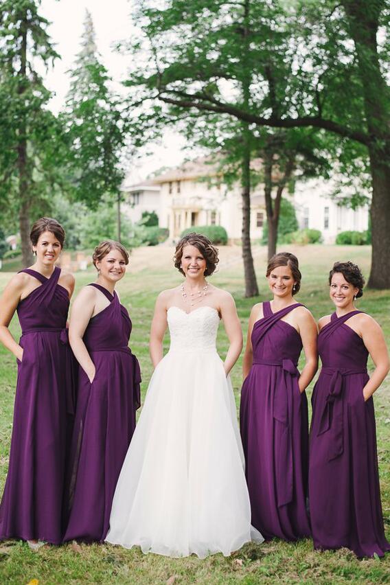 Traditional Wedding Party Dress Grape Purple Chiffon Bridesmaid Gown with Pockets