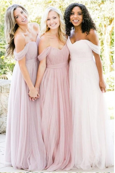 Tulle Blush Pink Bridesmaid Dresses Off-the-shoulder
