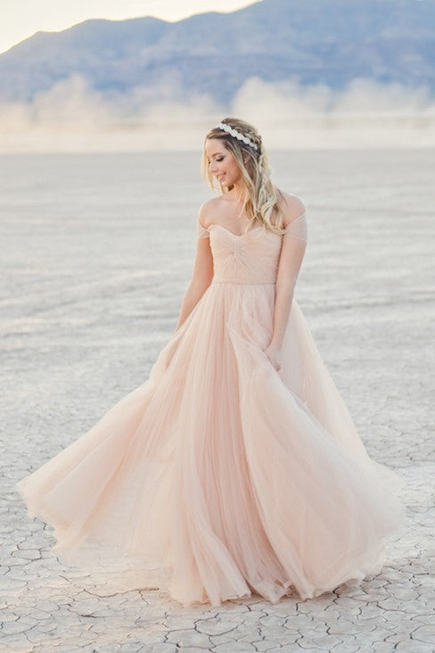 Tulle Blushing Pink Bride Dresses for Beach Weddings