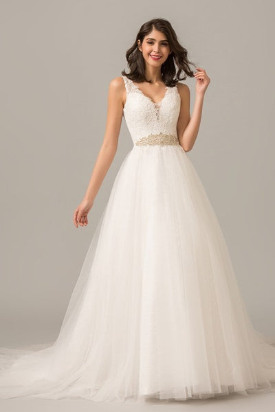 Tulle Skirt A line Ivory Wedding Dress Lace V neckline