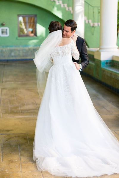Tulle Skirt Lace Three Quarter Sleeves Wedding Dresses Off the shoulde loveangeldress