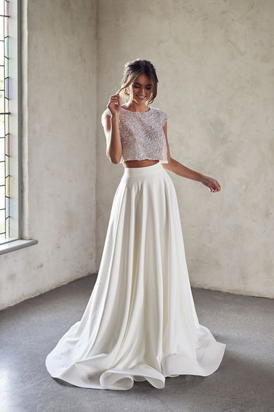 Two-piece Wedding Dress with Beaded Top Satin Skirt