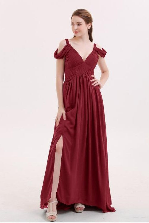 Unique Off-the-shoulder Burgundy Bridesmaid Gowns Long Chiffon Skirt