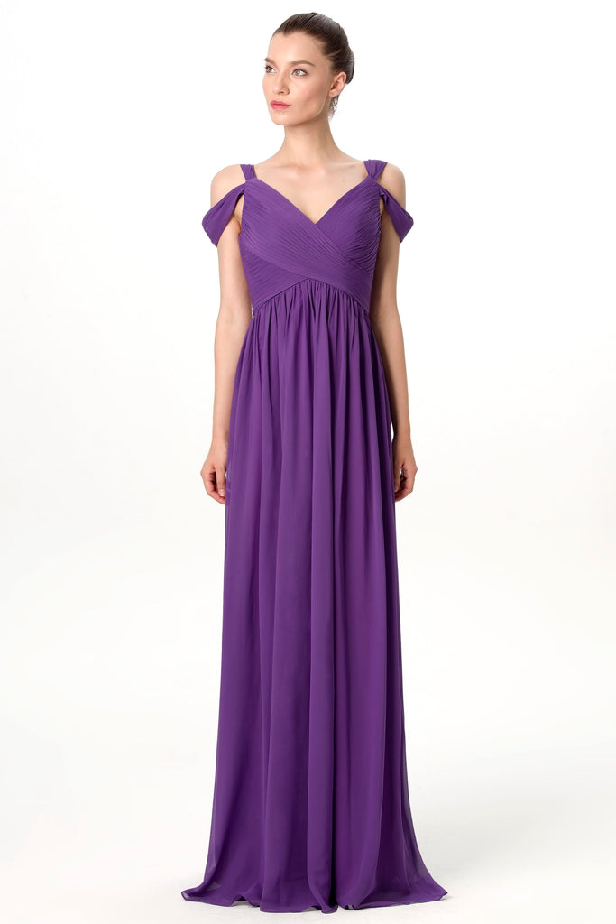 Unique Off-the-shoulder Chiffon Purple Long Bridesmaid Wedding Guest Dresses