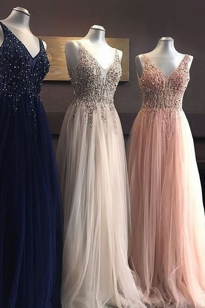 V-neck Beaded Prom Long Dresses Tulle Skirt