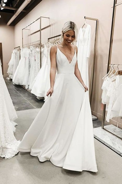 V neck Bohemian Simple Bridal Dress for Beach Wedding