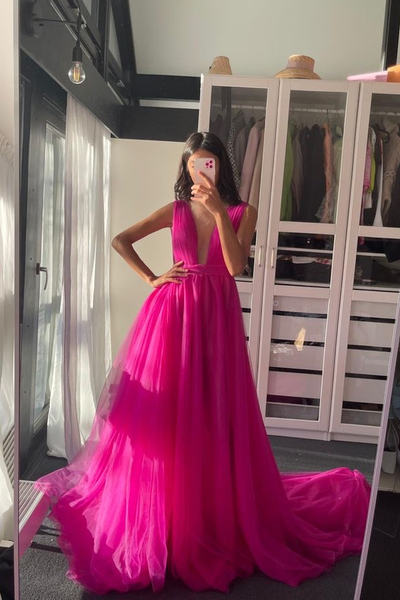 v-neck-fuchsia-prom-gown-a-line-tulle-skirt