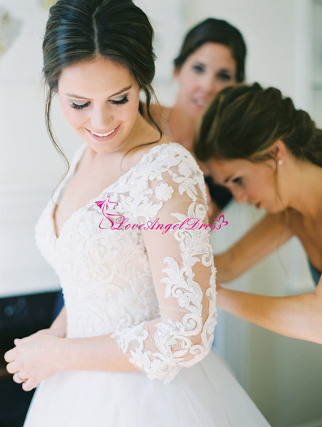 V-neck Lace Three Quarter Sleeves Organza Wedding Dresses
